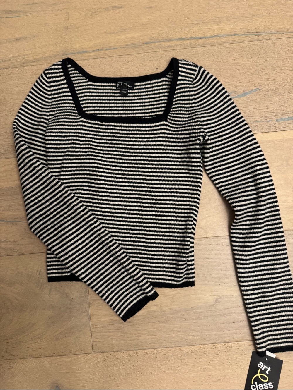 Girl’s Black & White Stripe Square Neck Long Sleeve Tee, Size 10-12. NWT.